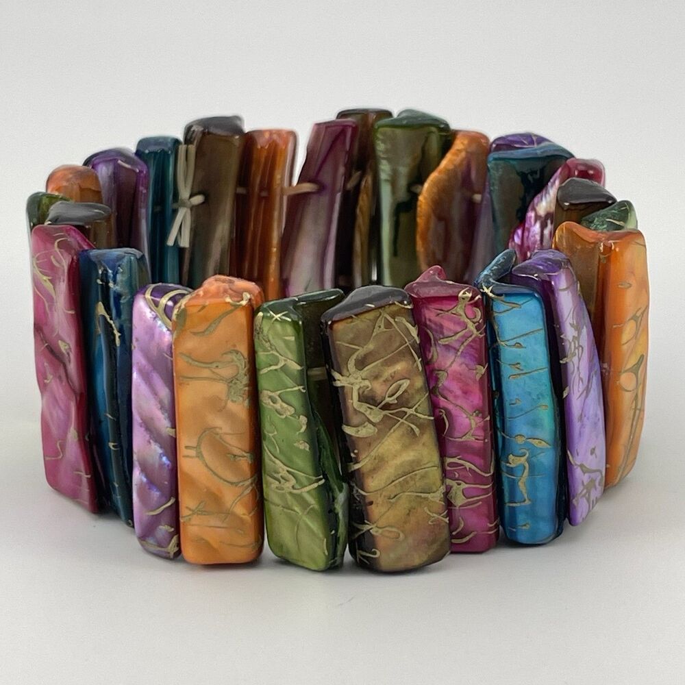 Stunning Multi Color Rainbow Mother Of Pearl Beaded Stretch Bracelet Boho Bold